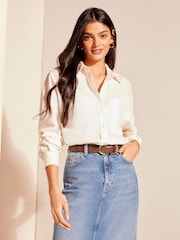 Friends Like These White Cotton Poplin Long Sleeve Button Through Shirt - Image 2 of 4