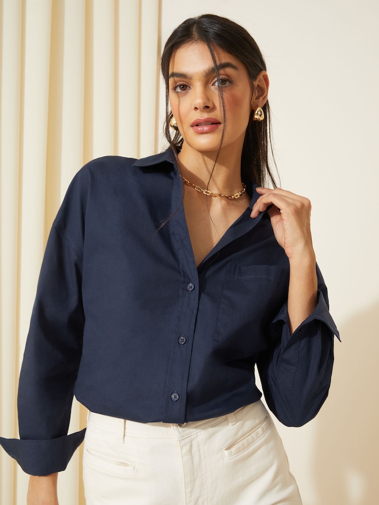 Friends Like These Navy Blue Cotton Poplin Long Sleeve Button Through Shirt - Image 1 of 4