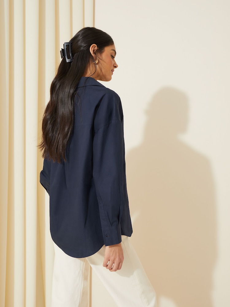 Friends Like These Navy Blue Cotton Poplin Long Sleeve Button Through Shirt - Image 4 of 4