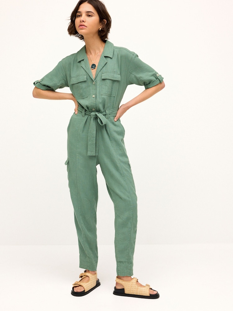 Khaki Green Linen Blend Utility Cargo Belted Jumpsuit - Image 1 of 6
