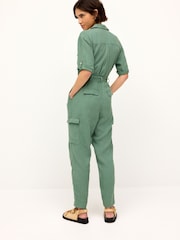 Khaki Green Linen Blend Utility Cargo Belted Jumpsuit - Image 2 of 6