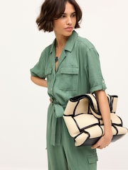 Khaki Green Linen Blend Utility Cargo Belted Jumpsuit - Image 3 of 6