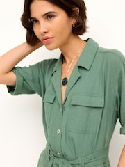 Khaki Green Linen Blend Utility Cargo Belted Jumpsuit - Image 4 of 6