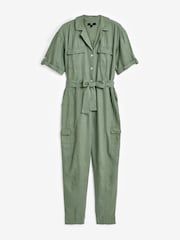 Khaki Green Linen Blend Utility Cargo Belted Jumpsuit - Image 5 of 6