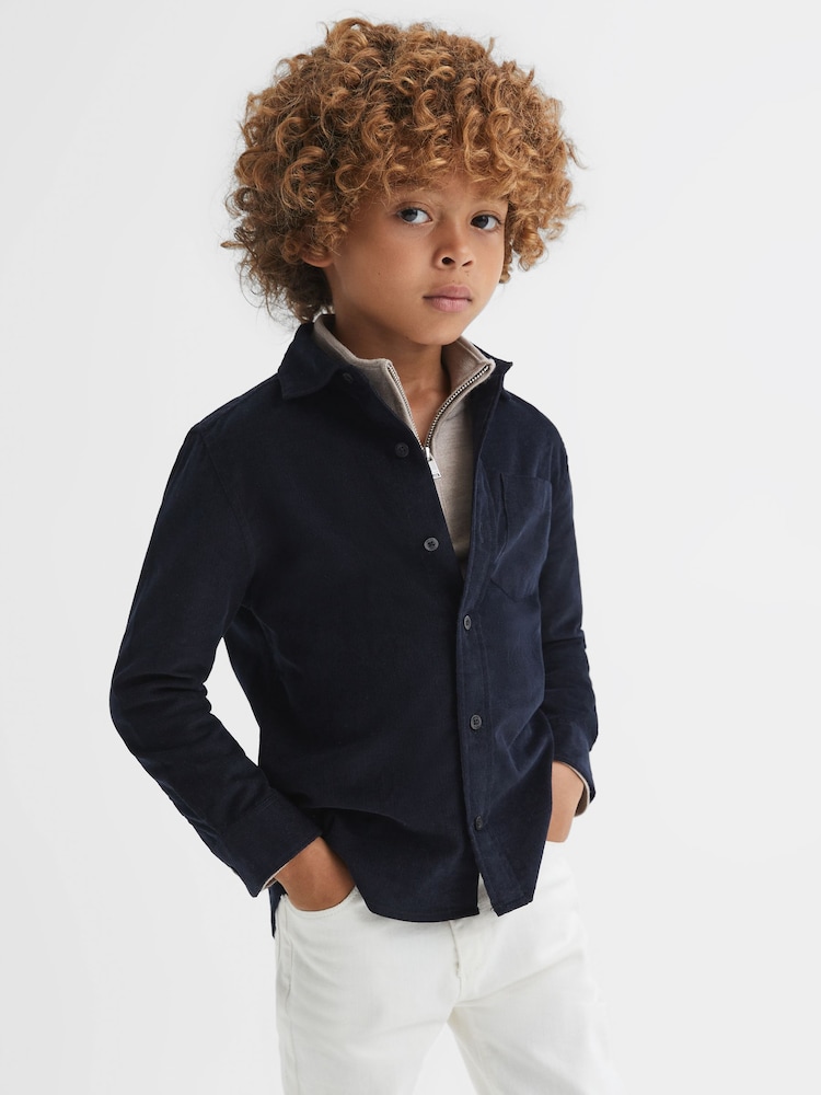 Reiss Navy Albion Teen Corduroy Cutaway Collar Shirt - Image 1 of 6 Reiss Navy Albion Teen Corduroy Cutaway Collar Shirt - Image 1 of 6