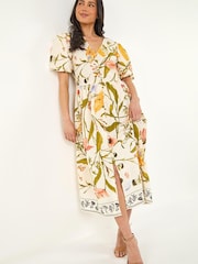 Roman Natural Petite Floral Print Button Midi Dress - Image 1 of 5
