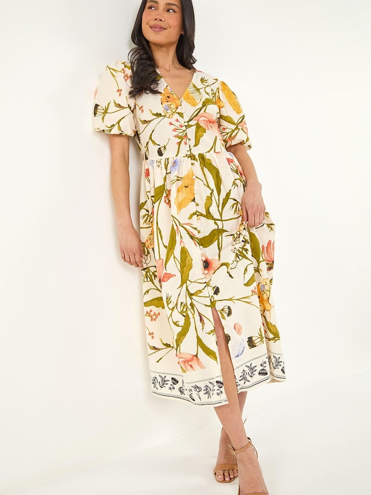 Roman Natural Petite Floral Print Button Midi Dress - Image 1 of 5 Roman Natural Petite Floral Print Button Midi Dress - Image 1 of 5