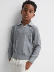 Reiss Soft Grey Melange Malik Teen Knitted Open-Collar Top - Image 1 of 6