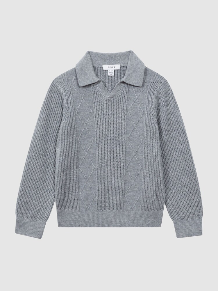 Reiss Soft Grey Melange Malik Teen Knitted Open-Collar Top - Image 2 of 6