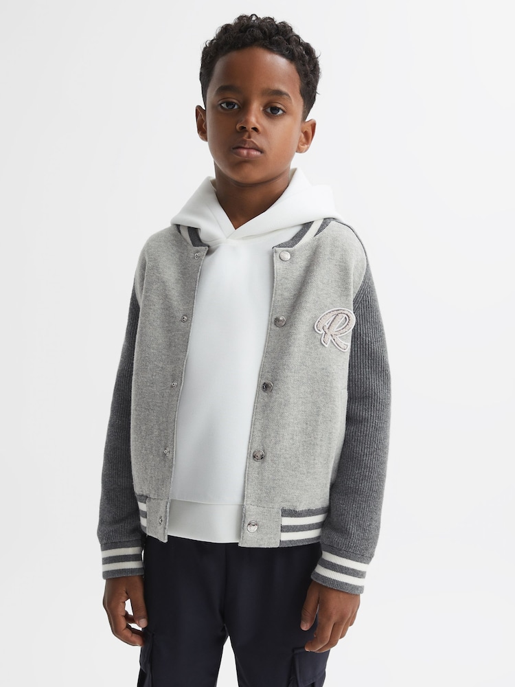 Reiss Soft Grey Belsize 13-14 yrs Cotton Blend Varsity Bomber Jacket - Image 1 of 6