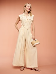 Cream Button Front Textured Wide Leg Jumpsuit - Image 1 of 1