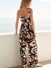 Monochrome Orange Floral V-Neck Belted Summer Wide Leg Jumpsuit - Image 2 of 6