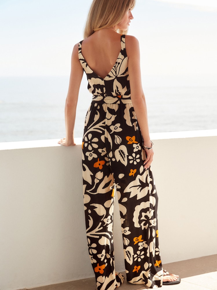 Monochrome Orange Floral V-Neck Belted Summer Wide Leg Jumpsuit - Image 2 of 6