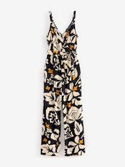 Monochrome Orange Floral V-Neck Belted Summer Wide Leg Jumpsuit - Image 5 of 6