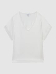 Reiss Ivory Natalia Silk-Front V-Neck T-Shirt - Image 2 of 5