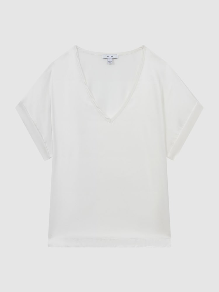 Reiss Ivory Natalia Silk-Front V-Neck T-Shirt - Image 2 of 5