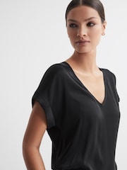Reiss Black Natalia Silk-Front V-Neck T-Shirt - Image 1 of 4