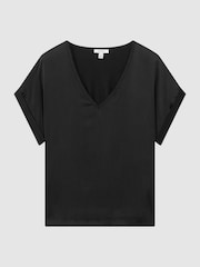 Reiss Black Natalia Silk-Front V-Neck T-Shirt - Image 2 of 4