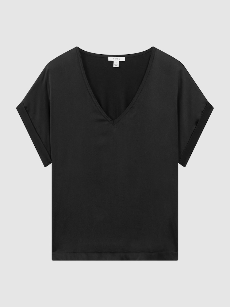 Reiss Black Natalia Silk-Front V-Neck T-Shirt - Image 2 of 4