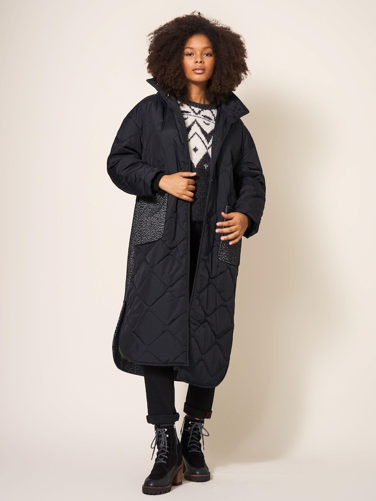 White Stuff Luna Fabric Mix Quilted Black Coat - Image 1 of 7