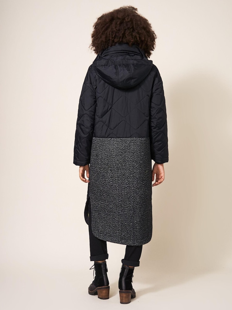 White Stuff Luna Fabric Mix Quilted Black Coat - Image 2 of 7