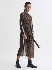 Reiss Black/Brown Aria Polka Dot Tie Neck Midi Dress - Image 1 of 5