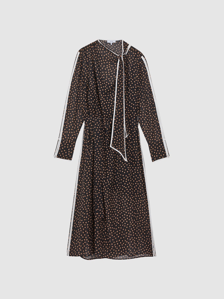 Reiss Black/Brown Aria Polka Dot Tie Neck Midi Dress - Image 2 of 5