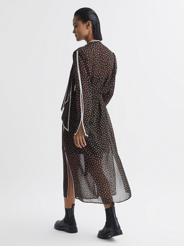Reiss Black/Brown Aria Polka Dot Tie Neck Midi Dress - Image 5 of 5