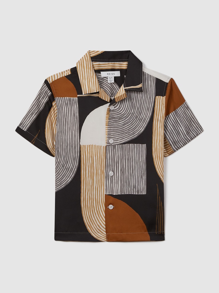 Reiss Tobacco/Navy Levy 3-9 yrs Printed Cuban Collar Shirt - Image 2 of 7 Reiss Tobacco/Navy Levy 3-9 yrs Printed Cuban Collar Shirt - Image 2 of 7