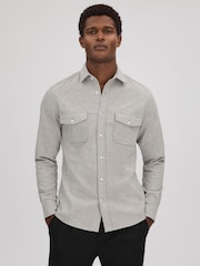 Reiss Soft Grey Melange Ragan Textured Button-Through Shirt - Image 1 of 6