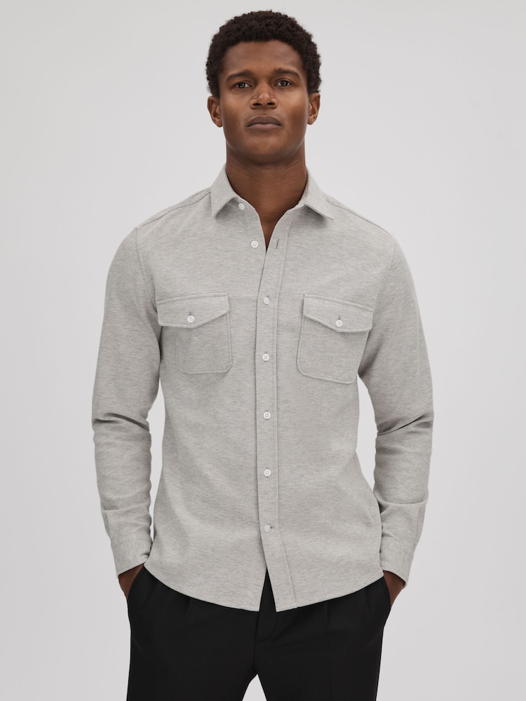 Reiss Soft Grey Melange Ragan Textured Button-Through Shirt - Image 1 of 6 Reiss Soft Grey Melange Ragan Textured Button-Through Shirt - Image 1 of 6