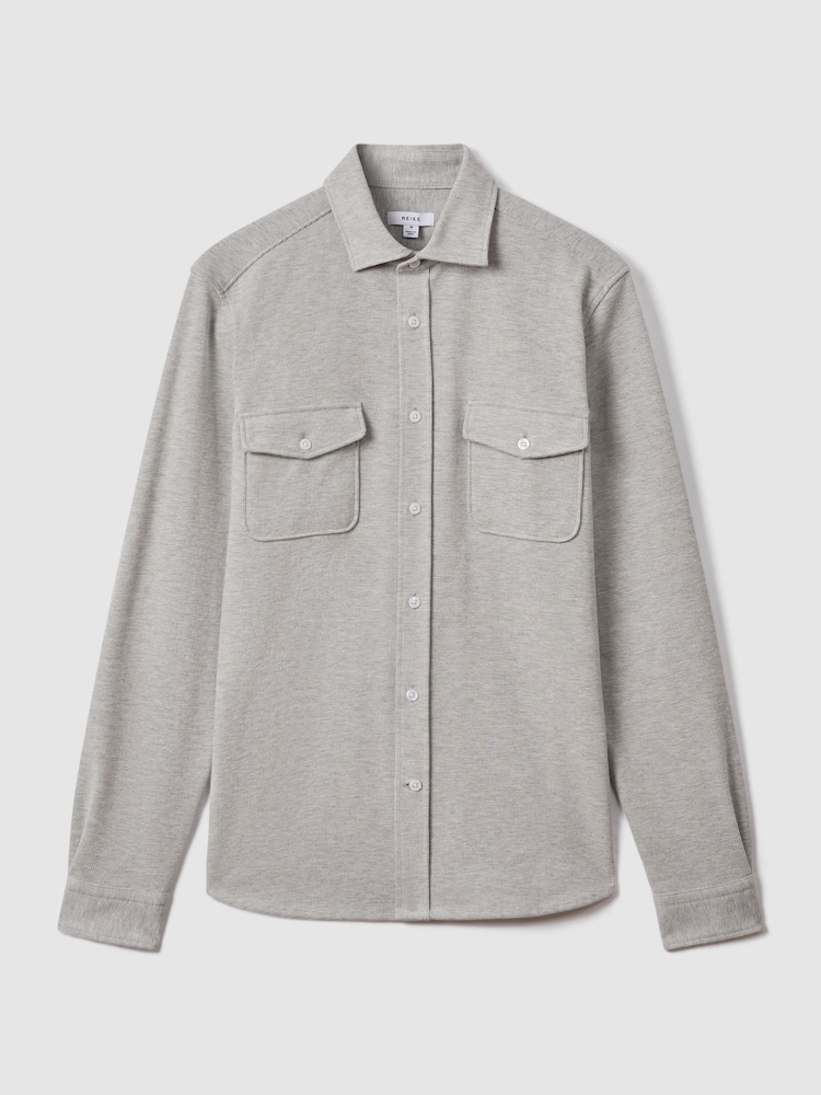 Reiss Soft Grey Melange Ragan Textured Button-Through Shirt - Image 2 of 6