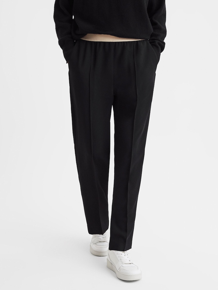 Reiss Black Iona Elasticated Waistband Tapered Trousers - Image 1 of 5