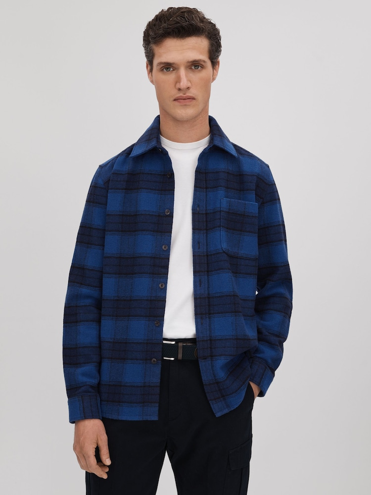 Reiss Bright Blue Dortch Brushed Checked Button-Through Shirt - Image 1 of 6