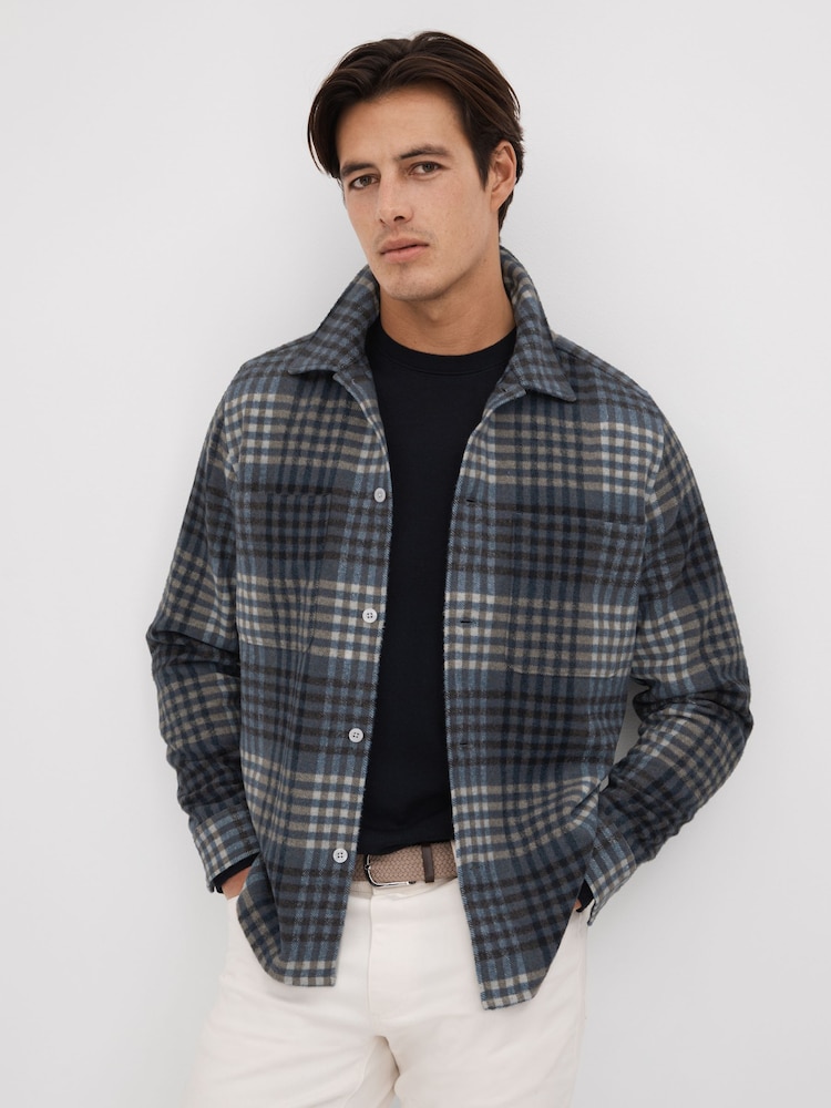 Reiss Blue Multi Duranti Brushed Check Button-Through Overshirt - Image 1 of 6