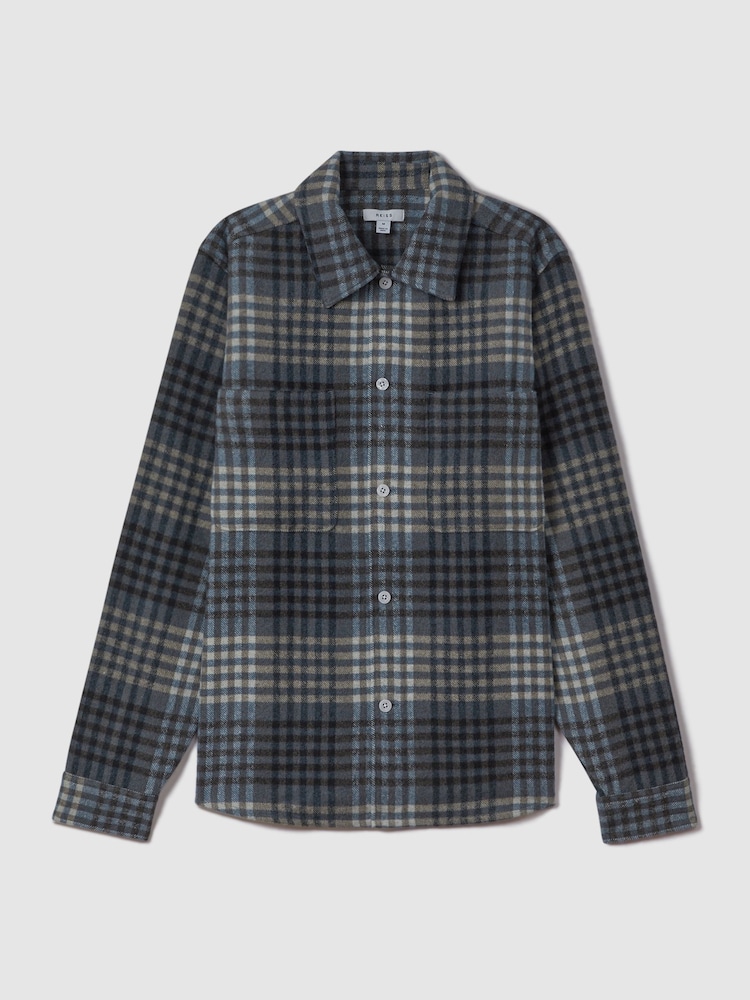 Reiss Blue Multi Duranti Brushed Check Button-Through Overshirt - Image 2 of 6