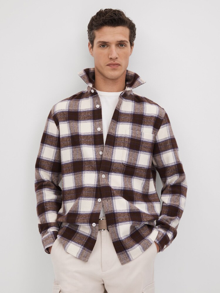 Reiss Brown Multi Dortch Brushed Checked Button-Through Shirt - Image 1 of 6