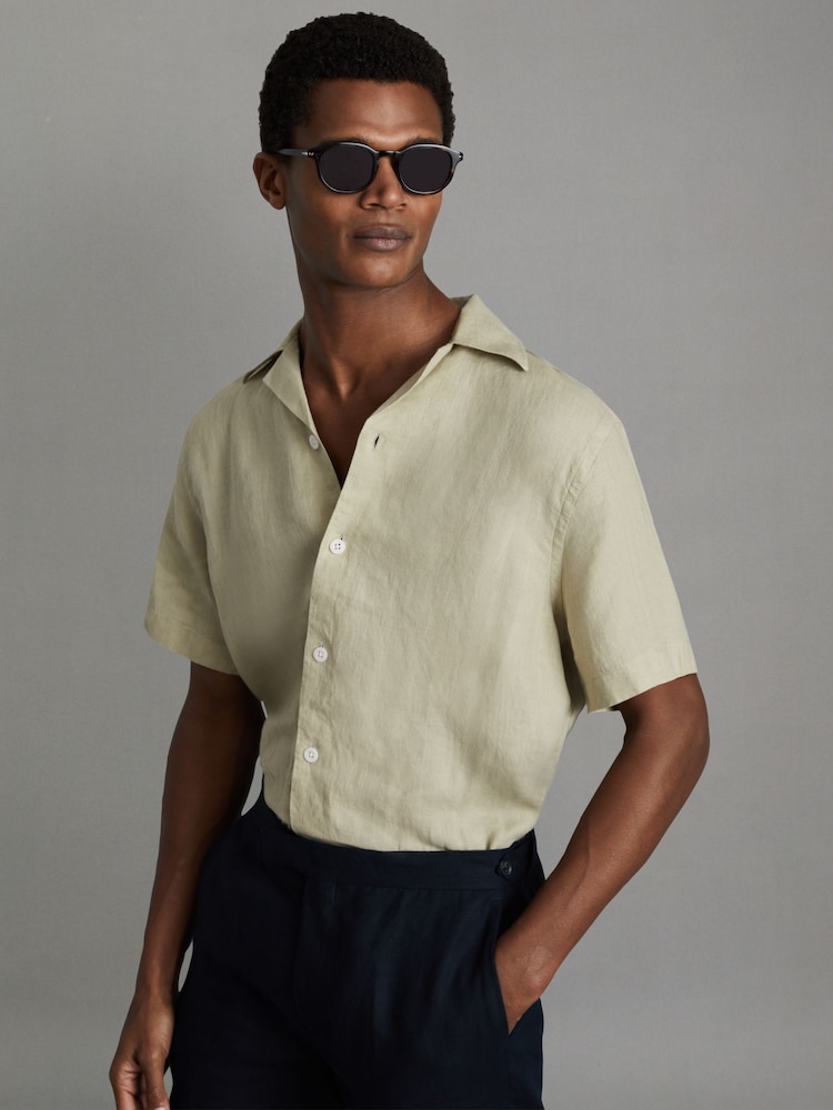Reiss Chartreuse Beldi Relaxed Linen Cuban Collar Shirt - Image 1 of 6