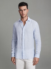 Reiss Soft Blue Pin Stripe Ruban Linen Button-Through Shirt - Image 3 of 5