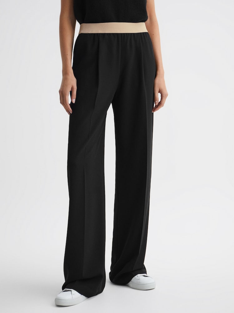 Reiss Black Iona Elasticated Waistband Wide Leg Trousers - Image 1 of 5