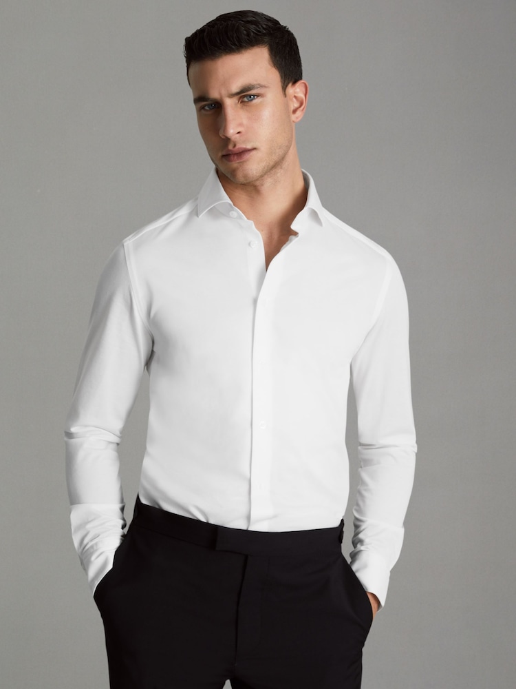 Reiss White Nate Cutaway Collar Jersey Slim Fit Shirt - Image 1 of 6
