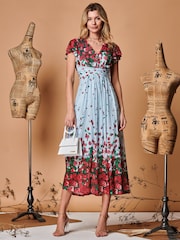 Jolie Moi Blue Symmetrical Floral Print Mesh Maxi Dress - Image 1 of 5