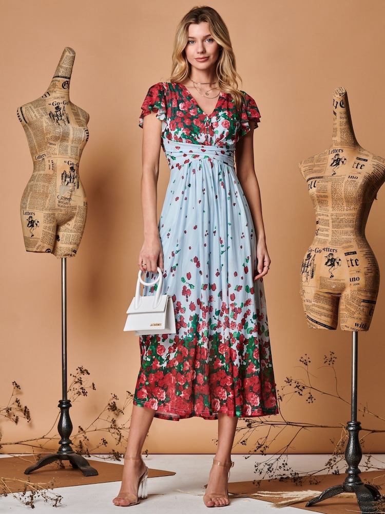 Jolie Moi Blue Symmetrical Floral Print Mesh Maxi Dress - Image 1 of 5