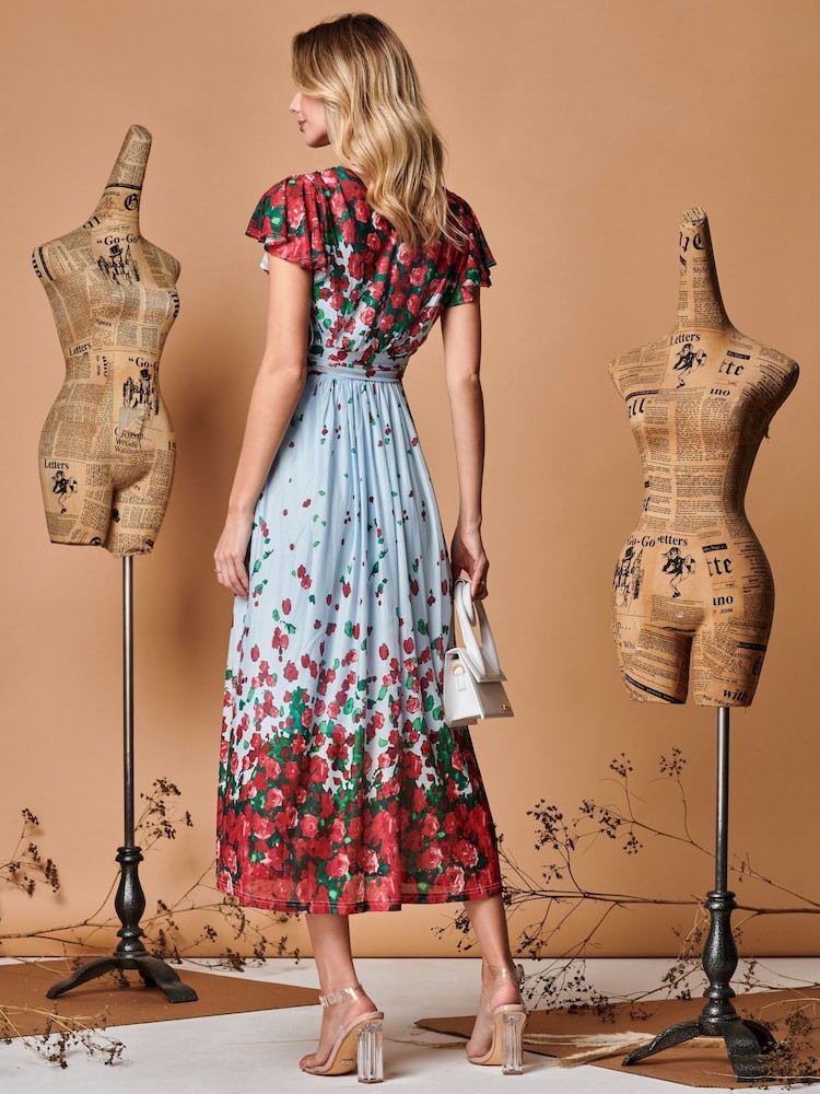 Jolie Moi Blue Symmetrical Floral Print Mesh Maxi Dress - Image 2 of 5