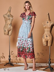 Jolie Moi Blue Symmetrical Floral Print Mesh Maxi Dress - Image 3 of 5