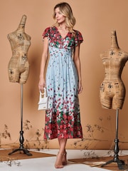 Jolie Moi Blue Symmetrical Floral Print Mesh Maxi Dress - Image 4 of 5