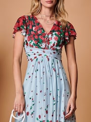 Jolie Moi Blue Symmetrical Floral Print Mesh Maxi Dress - Image 5 of 5