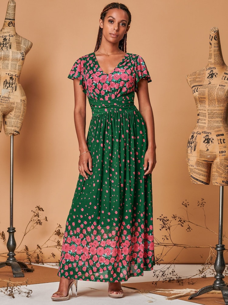Jolie Moi Green Carlii Symmetrical Print Mesh Maxi Dress - Image 1 of 5