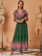 Jolie Moi Green Carlii Symmetrical Print Mesh Maxi Dress - Image 4 of 5