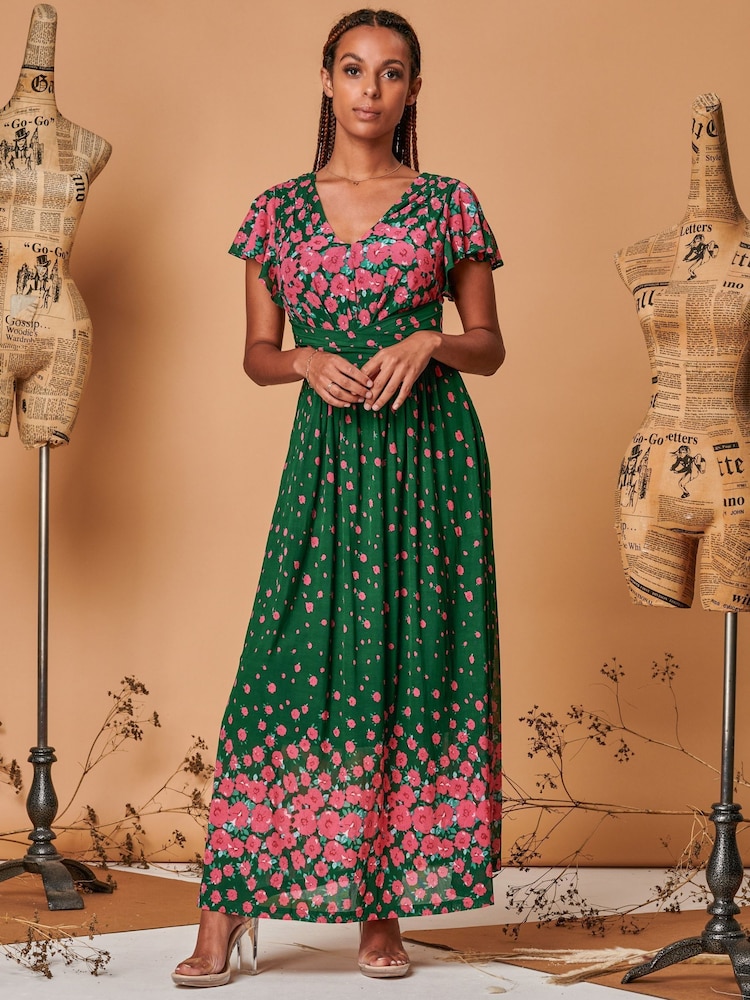 Jolie Moi Green Carlii Symmetrical Print Mesh Maxi Dress - Image 4 of 5